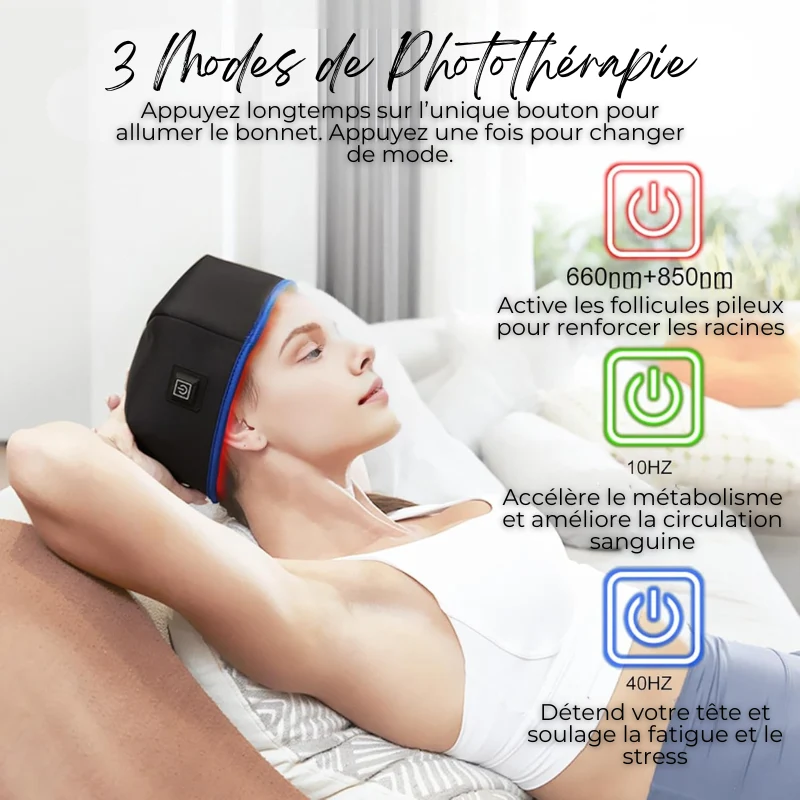 Bonnet de Photothérapie Infrarouge - Anti Perte de cheveux et Favorise la pousse