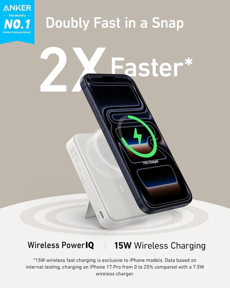 Power Bank, Qi2 Certified 15W Ultra-Fast MagSafe-Compatible Portable Charger, 10,000mAh Battery Pack with Smart Display and Foldable Stand- White (Copy)