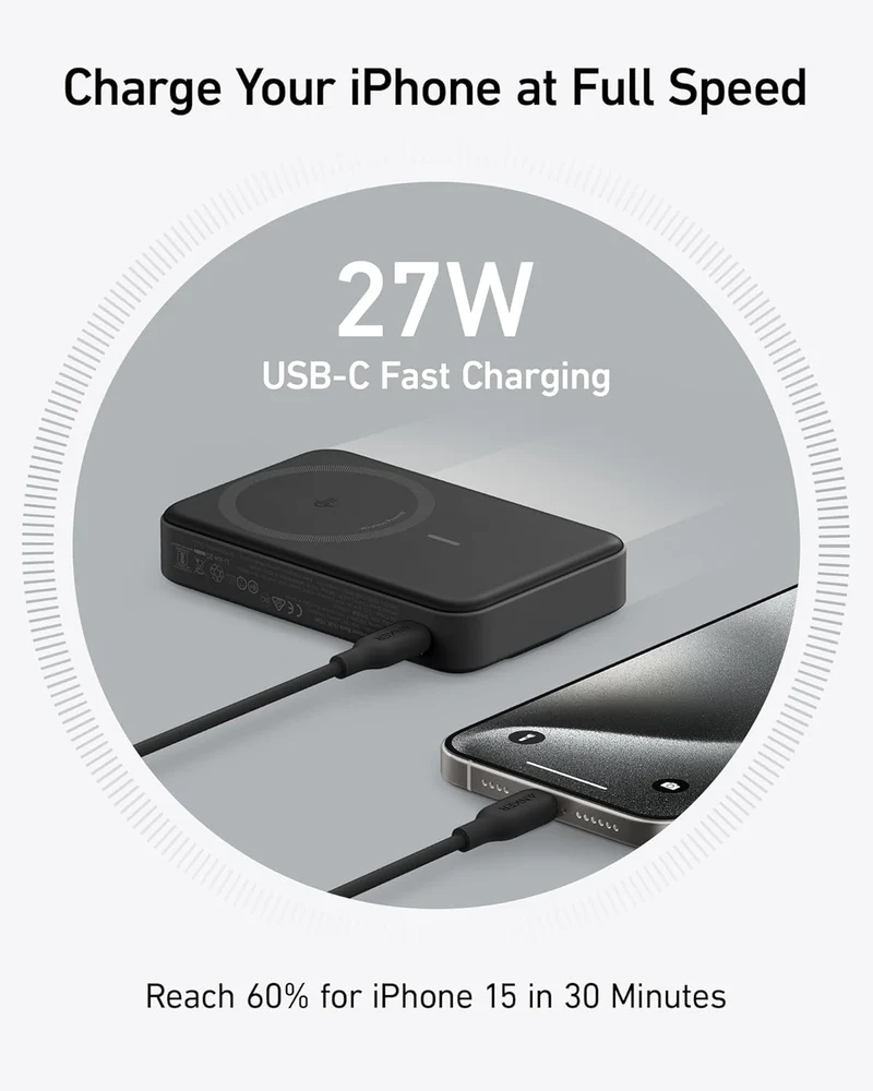 MagGo Power Bank, Qi2 Certified 15W Ultra-Fast MagSafe-Compatible Portable Charger, 10,000mAh Battery Pack with Smart Display and Foldable Stand - Black