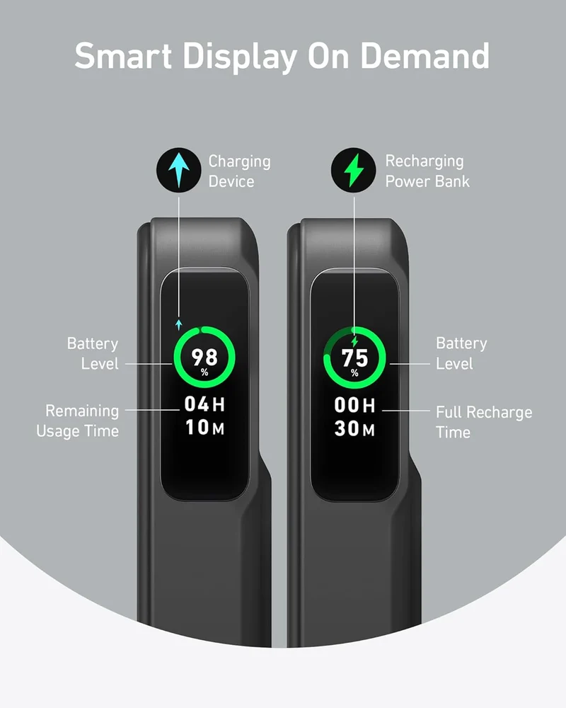 MagGo Power Bank, Qi2 Certified 15W Ultra-Fast MagSafe-Compatible Portable Charger, 10,000mAh Battery Pack with Smart Display and Foldable Stand - Black