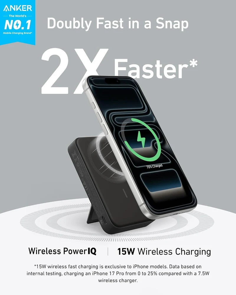 MagGo Power Bank, Qi2 Certified 15W Ultra-Fast MagSafe-Compatible Portable Charger, 10,000mAh Battery Pack with Smart Display and Foldable Stand - Black