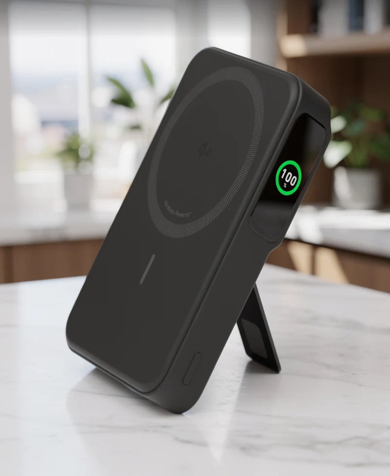 MagGo Power Bank, Qi2 Certified 15W Ultra-Fast MagSafe-Compatible Portable Charger, 10,000mAh Battery Pack with Smart Display and Foldable Stand - Black