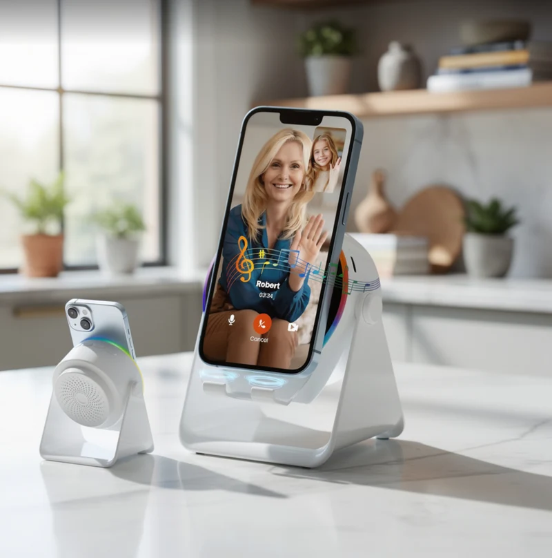 Wireless Induction Audio Bluetooth Speaker, 4 in 1 Phone Stand Speakers Amplifier with Colorful Ambient Light,360° Adjustable Holder- White