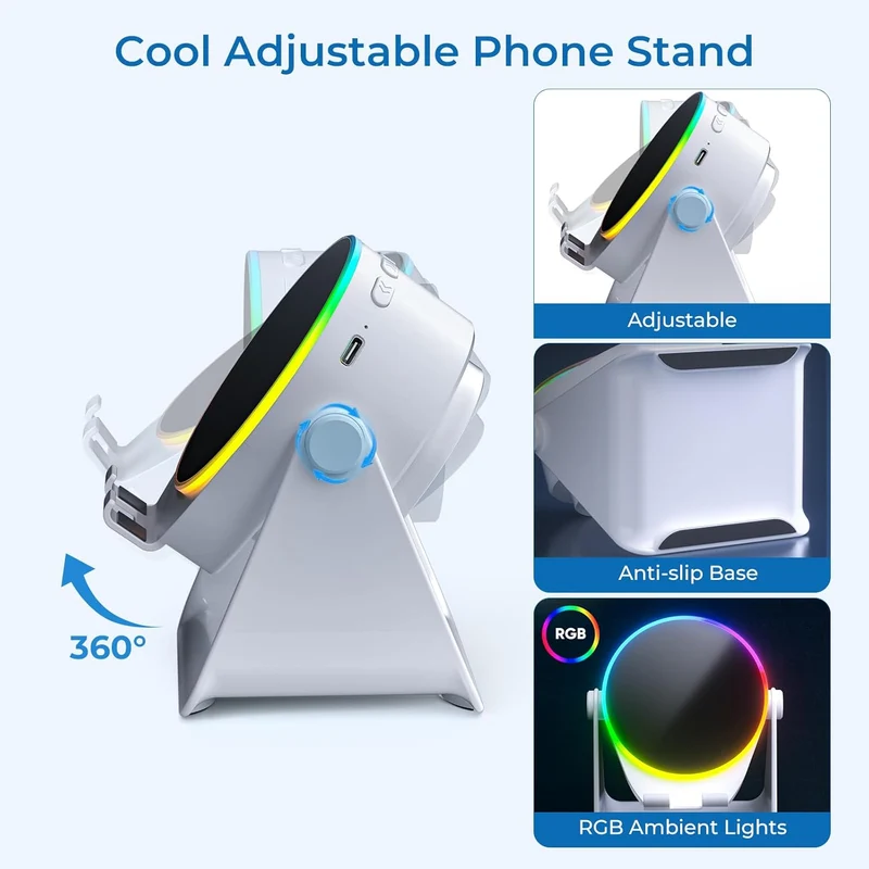 Wireless Induction Audio Bluetooth Speaker, 4 in 1 Phone Stand Speakers Amplifier with Colorful Ambient Light,360° Adjustable Holder- White