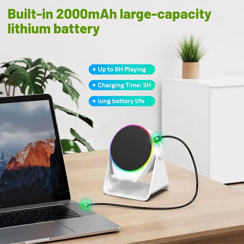 Wireless Induction Audio Bluetooth Speaker, 4 in 1 Phone Stand Speakers Amplifier with Colorful Ambient Light,360° Adjustable Holder- White