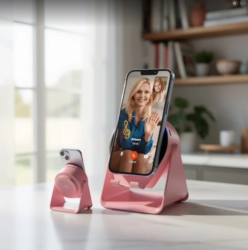 Wireless Induction Audio Bluetooth Speaker, 4 in 1 Phone Stand Speakers Amplifier with Colorful Ambient Light,360° Adjustable Holder - Pink