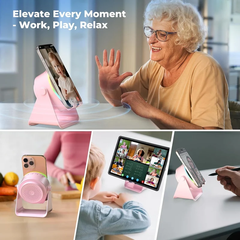 Wireless Induction Audio Bluetooth Speaker, 4 in 1 Phone Stand Speakers Amplifier with Colorful Ambient Light,360° Adjustable Holder - Pink