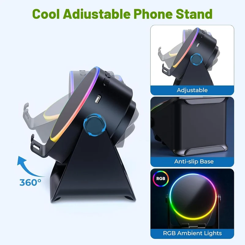 Wireless Induction Audio Bluetooth Speaker, 4 in 1 Phone Stand Speakers Amplifier with Colorful Ambient Light,360° Adjustable Holder - Black