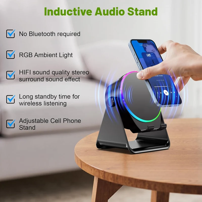 Wireless Induction Audio Bluetooth Speaker, 4 in 1 Phone Stand Speakers Amplifier with Colorful Ambient Light,360° Adjustable Holder - Black