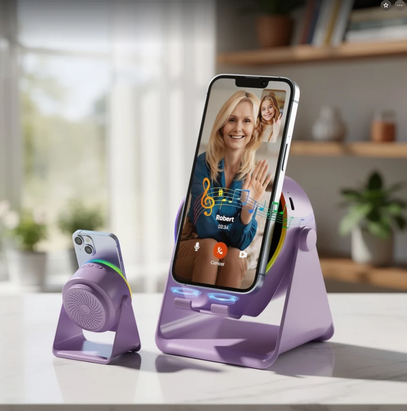 Wireless Induction Audio Bluetooth Speaker, 4 in 1 Phone Stand Speakers Amplifier with Colorful Ambient Light,360° Adjustable Holder- Purple