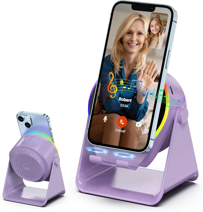 Wireless Induction Audio Bluetooth Speaker, 4 in 1 Phone Stand Speakers Amplifier with Colorful Ambient Light,360° Adjustable Holder- Purple