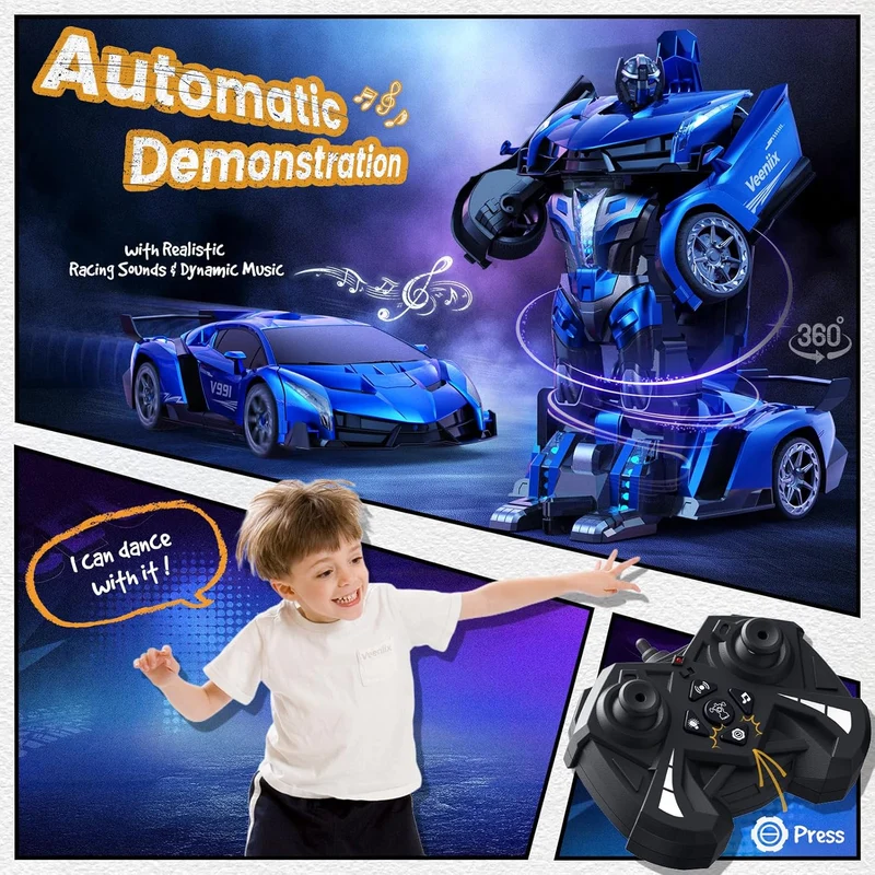 V991 Transform Remote Control Big Size, 2 Rechargeable Batteries for 70Min, 2.4GHz Gesture Sensing, One-Key Deformation, Robot Toys - (Blue)