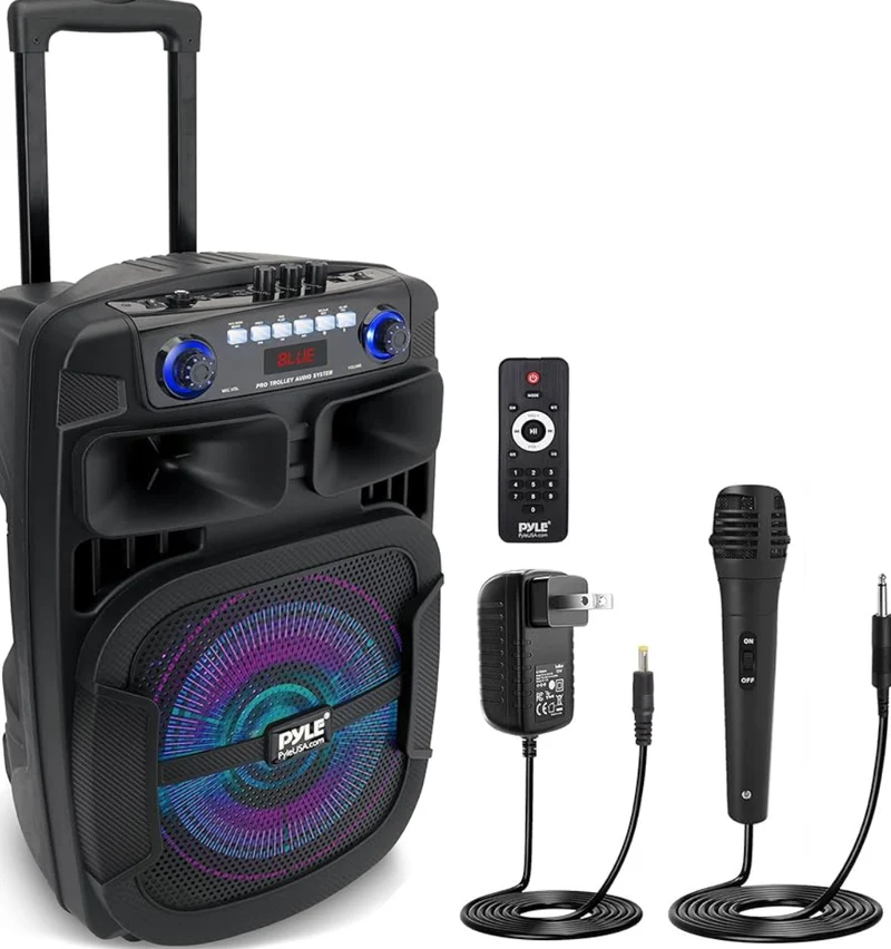 Portable Bluetooth PA Speaker System 800W 12" Outdoor w/ Built-In Party Lights - USB/SD Card Reader, FM Radio, Extendable Handle w/ Wheels - Includes Wired Microphone & Remote