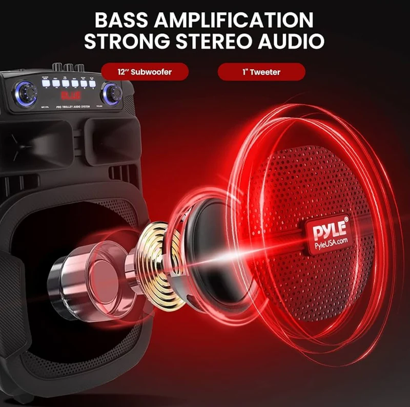 Portable Bluetooth PA Speaker System 800W 12" Outdoor w/ Built-In Party Lights - USB/SD Card Reader, FM Radio, Extendable Handle w/ Wheels - Includes Wired Microphone & Remote