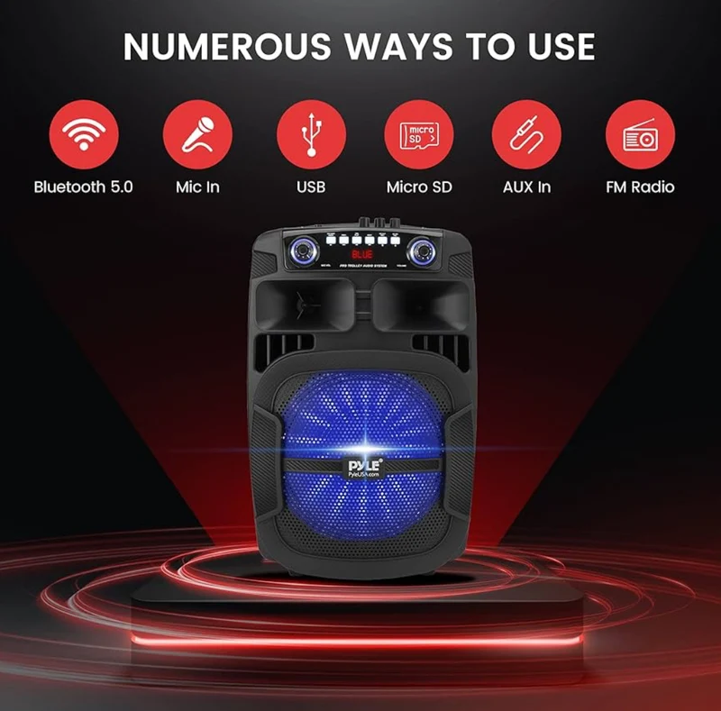 Portable Bluetooth PA Speaker System 800W 12" Outdoor w/ Built-In Party Lights - USB/SD Card Reader, FM Radio, Extendable Handle w/ Wheels - Includes Wired Microphone & Remote
