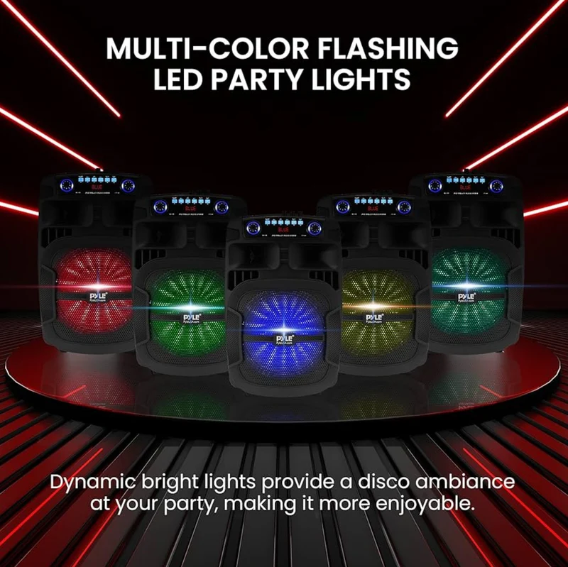 Portable Bluetooth PA Speaker System 800W 12" Outdoor w/ Built-In Party Lights - USB/SD Card Reader, FM Radio, Extendable Handle w/ Wheels - Includes Wired Microphone & Remote
