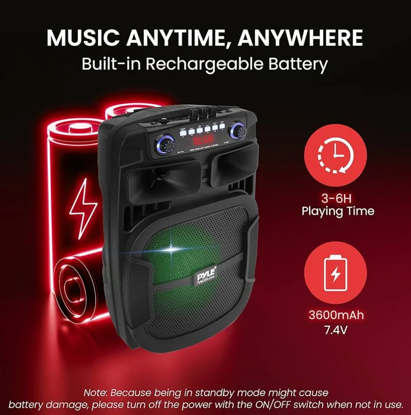 Portable Bluetooth PA Speaker System 800W 12" Outdoor w/ Built-In Party Lights - USB/SD Card Reader, FM Radio, Extendable Handle w/ Wheels - Includes Wired Microphone & Remote