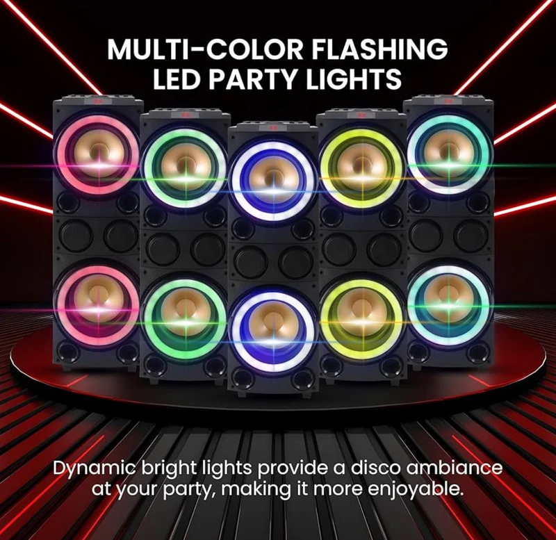 Portable Bluetooth PA Speaker System 1200W Outdoor Portable PA System w/Microphone in, Party Lights, USB SD Card Reader, FM Radio, Rolling Wheels - Remote Control