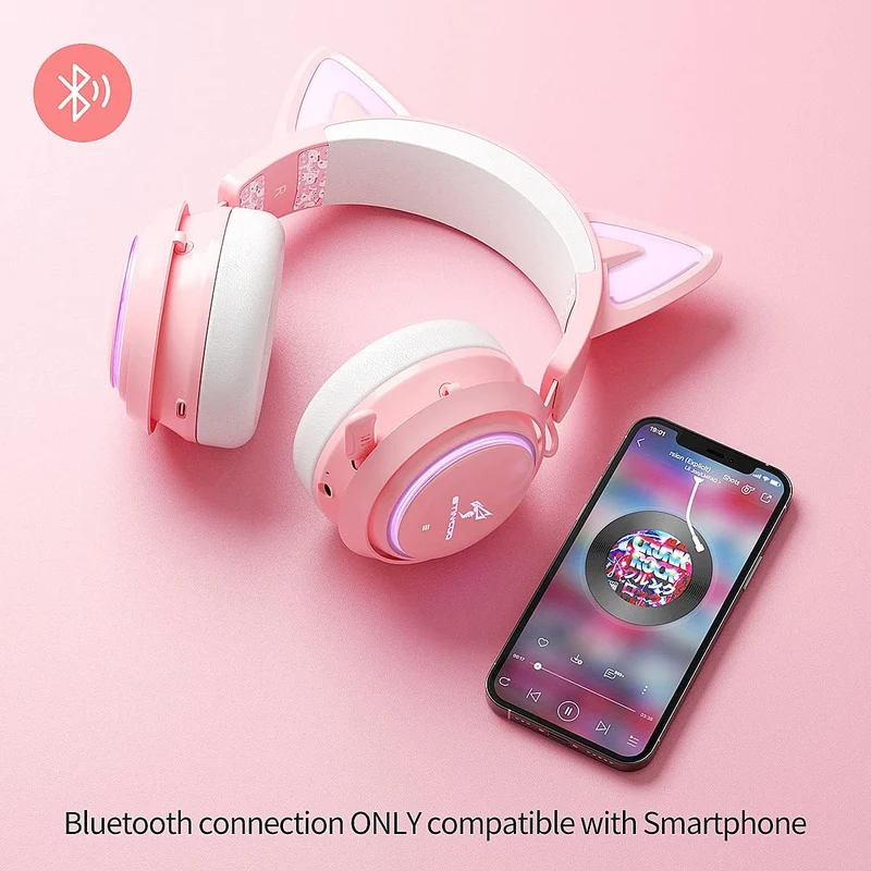 Wireless Cat Ear Headphones Gaming Headset Bluetooth 5.0 for Smartphone Retractable Mic 50mm Drivers RGB Lighting Headset with Mic (USB Dongle Not Included) - (PINK)