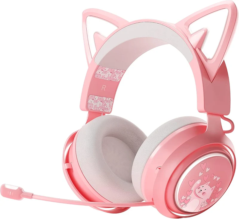 Wireless Cat Ear Headphones Gaming Headset Bluetooth 5.0 for Smartphone Retractable Mic 50mm Drivers RGB Lighting Headset with Mic (USB Dongle Not Included) - (PINK)
