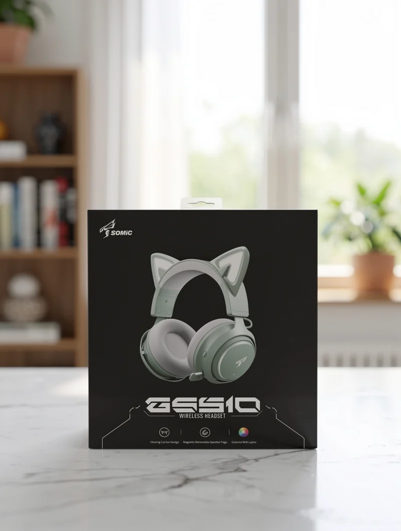 Wireless Cat Ear Headphones Gaming Headset Bluetooth 5.0 for Smartphone Retractable Mic 50mm Drivers RGB Lighting Headset with Mic (USB Dongle Not Included) - (SAGE GREEN)