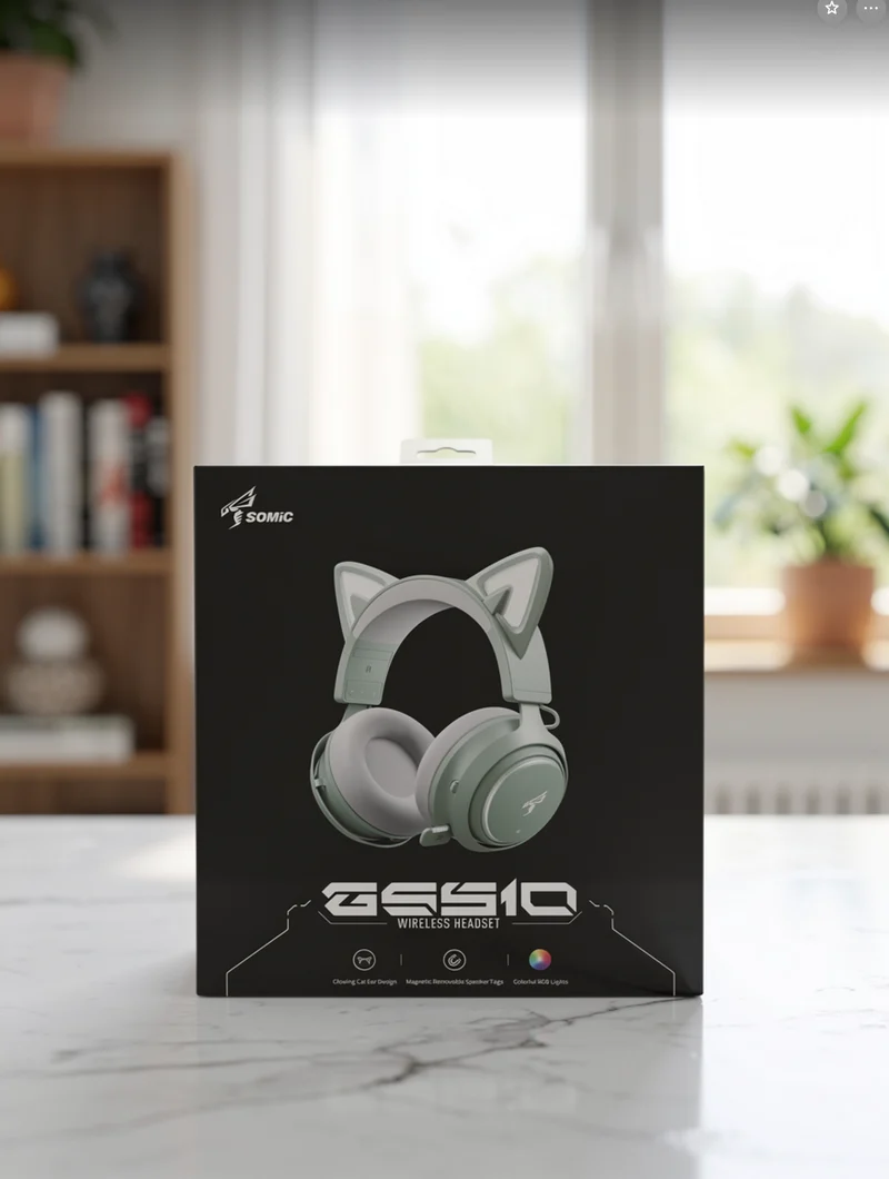 Wireless Cat Ear Headphones Gaming Headset Bluetooth 5.0 for Smartphone Retractable Mic 50mm Drivers RGB Lighting Headset with Mic (USB Dongle Not Included) - (SAGE GREEN)