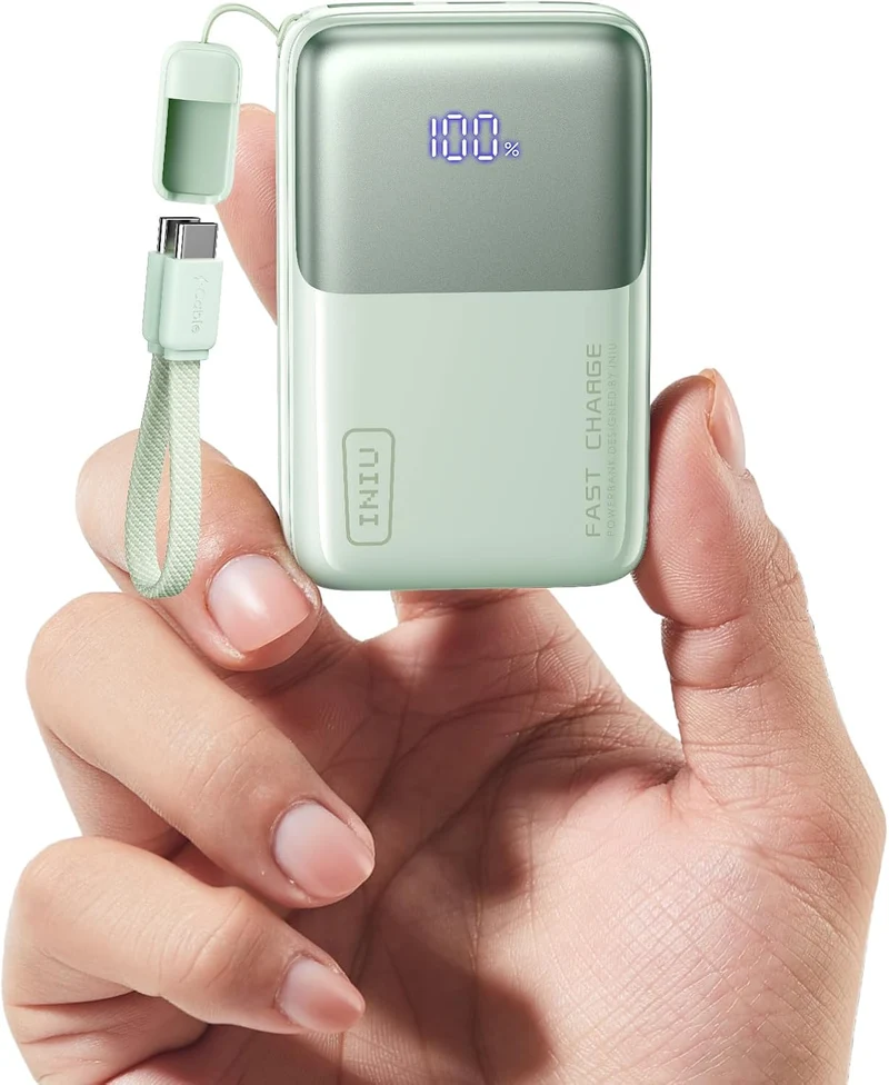 INIU 10000mAh 45W Ultra Mini Portable Charger Power Bank with Cable - (Light Green)
