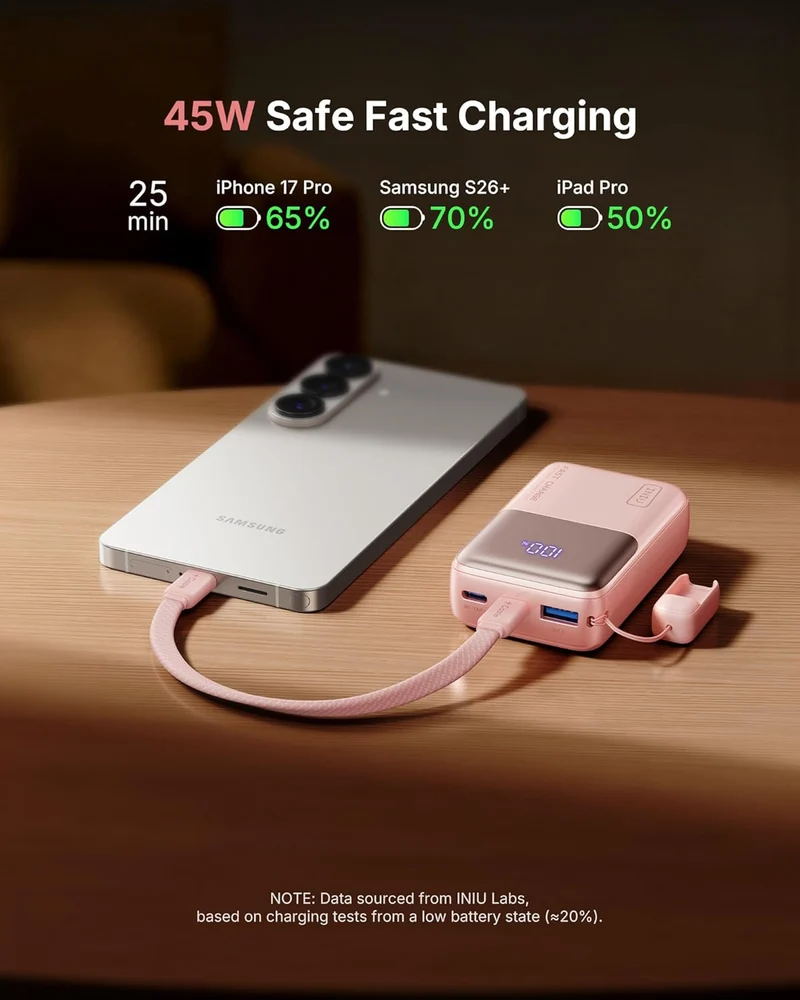 Mini Portable Charger Power Bank USB C Battery Pack with Cable 10000mAh 45W Ultra - (L Pink))