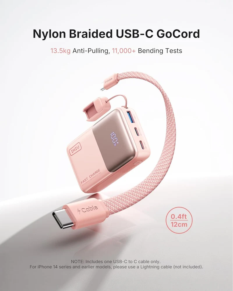 Mini Portable Charger Power Bank USB C Battery Pack with Cable 10000mAh 45W Ultra - (L Pink))
