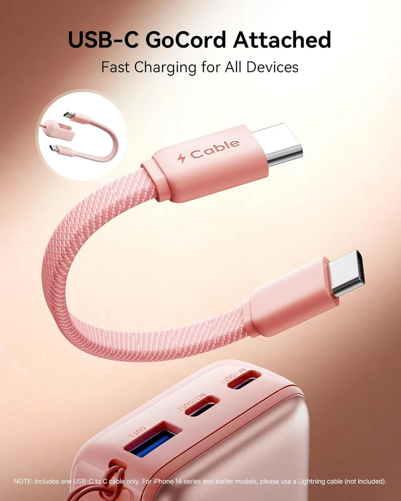 INIU 10000mAh 45W Ultra Mini Portable Charger Power Bank with Cable - (Light White)