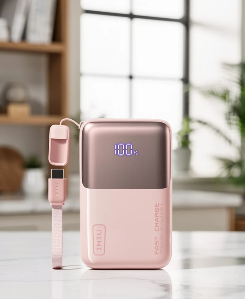 INIU 10000mAh 45W Ultra Mini Portable Charger Power Bank with Cable - (Light Pink)