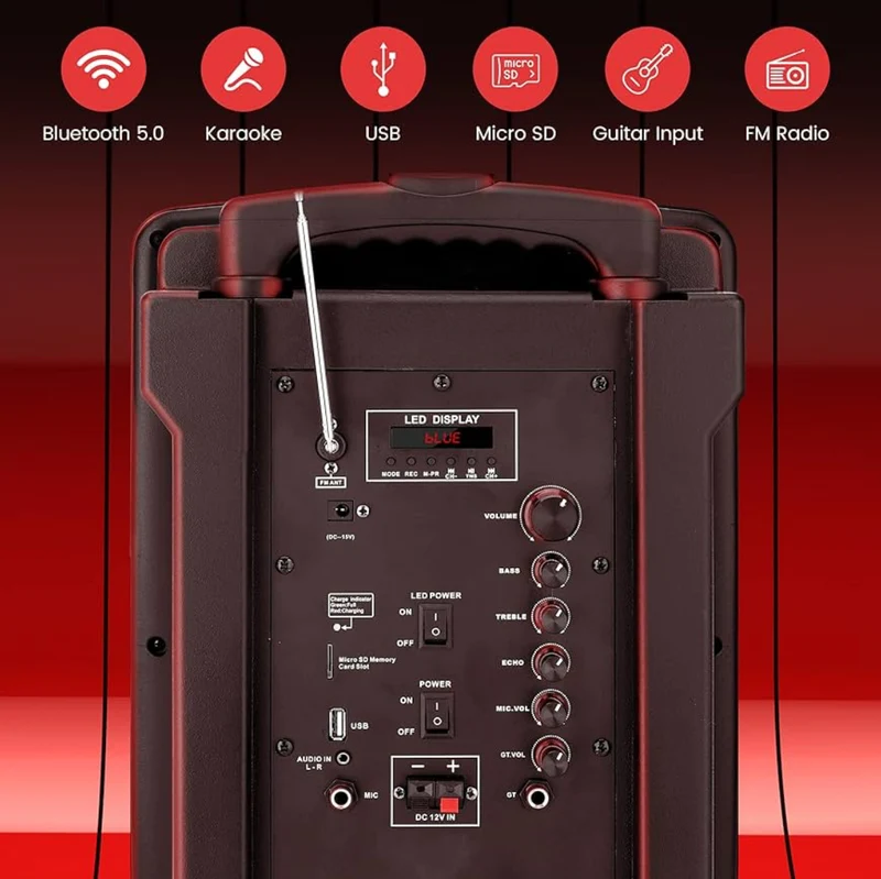 Portable 8 Inches PA Speaker System - Wireless BT Streaming & Karaoke Party Two Wireless Mic, Wired Microphone, Tablet Stand, Flashing Party Lights, MP3/USB//FM Radio