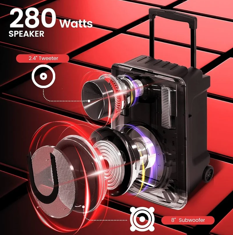 Portable 8 Inches PA Speaker System - Wireless BT Streaming & Karaoke Party Two Wireless Mic, Wired Microphone, Tablet Stand, Flashing Party Lights, MP3/USB//FM Radio