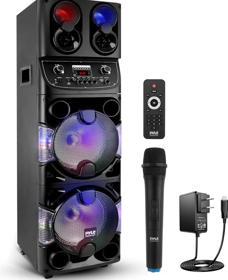 Portable Bluetooth 600W Dual 10” Rechargeable Indoor/Outdoor BT Karaoke Audio System -LED Display, FM/AUX/MP3/USB/SD, 1/4" in, Handle, Wheels -Wireless Mic, Remote Control