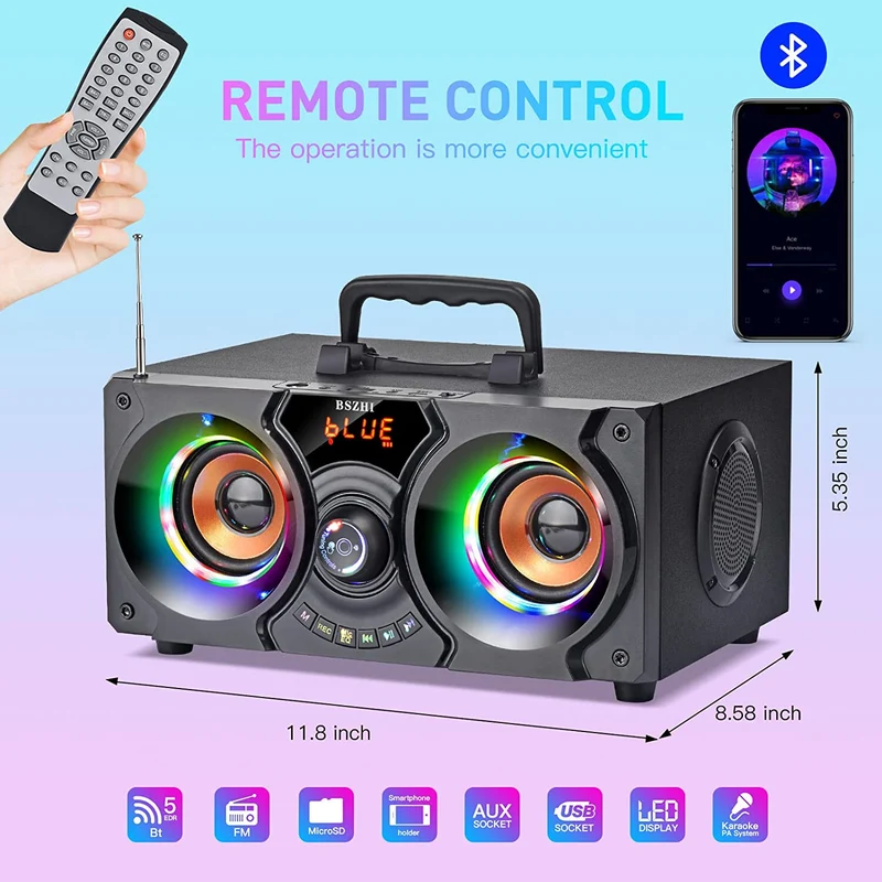 Portable Bluetooth Speakers with Double Subwoofer, 60W Loud Stereo EQ FM Remote
