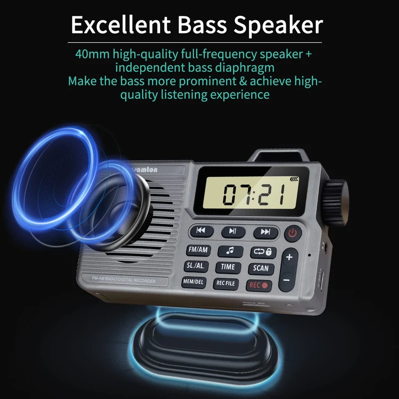 Portable AM/FM Radio, Small Pocket Radio with Bluetooth, Bass Speaker, Micro SD