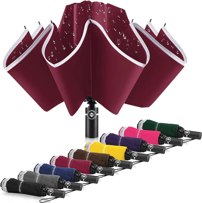 Inverted Compact Umbrella Large Windproof Umbrellas Reflective Stripe RED