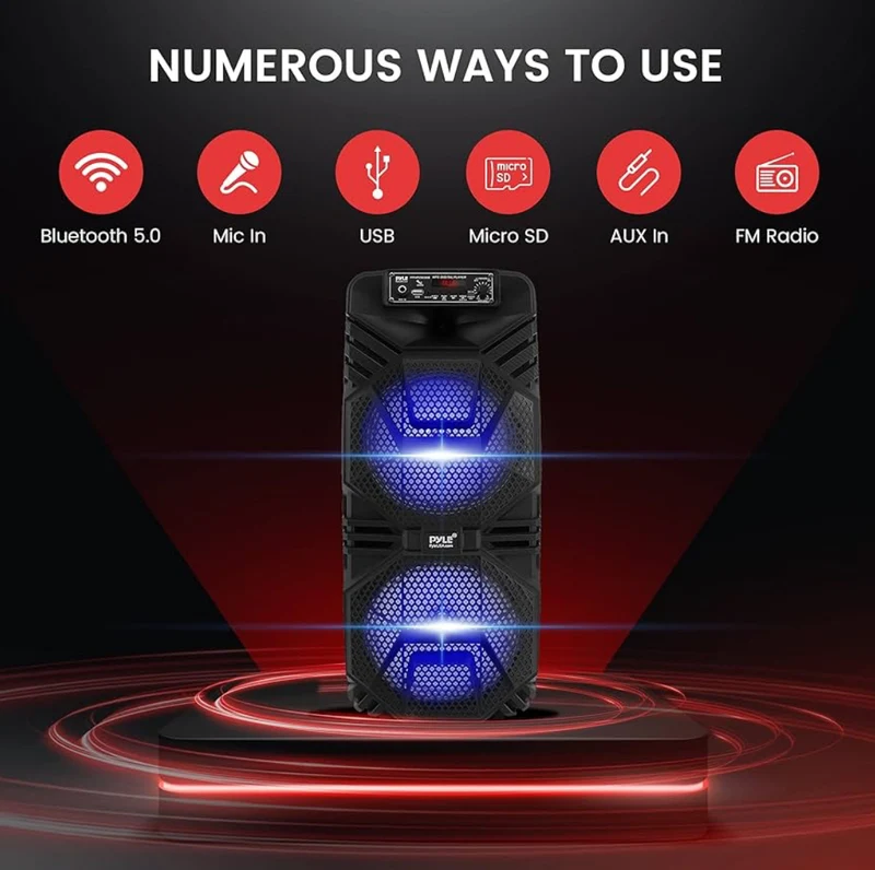 Rechargeable Portable Bluetooth PA Speaker 600W Outdoor System w/ Dual 8” Subwoofer 1” Tweeter, Microphone In, Party Lights, USB, Radio, Remote