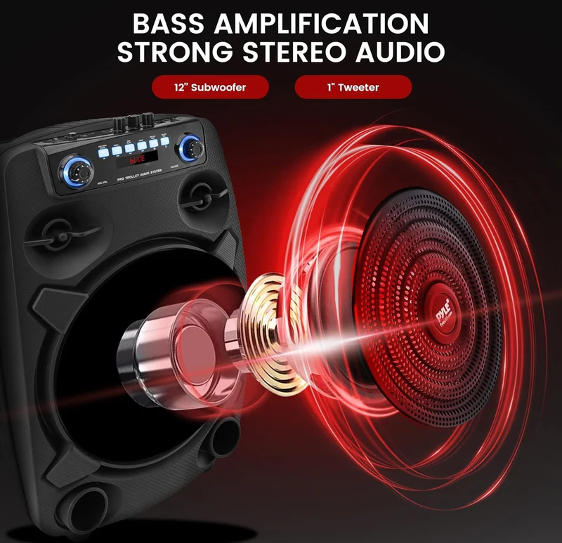 Portable Bluetooth PA Speaker System 800W 12” Outdoor - Party Lights, USB SD Card Reader, FM Radio, Rolling Wheels - Wired microphone, Remote