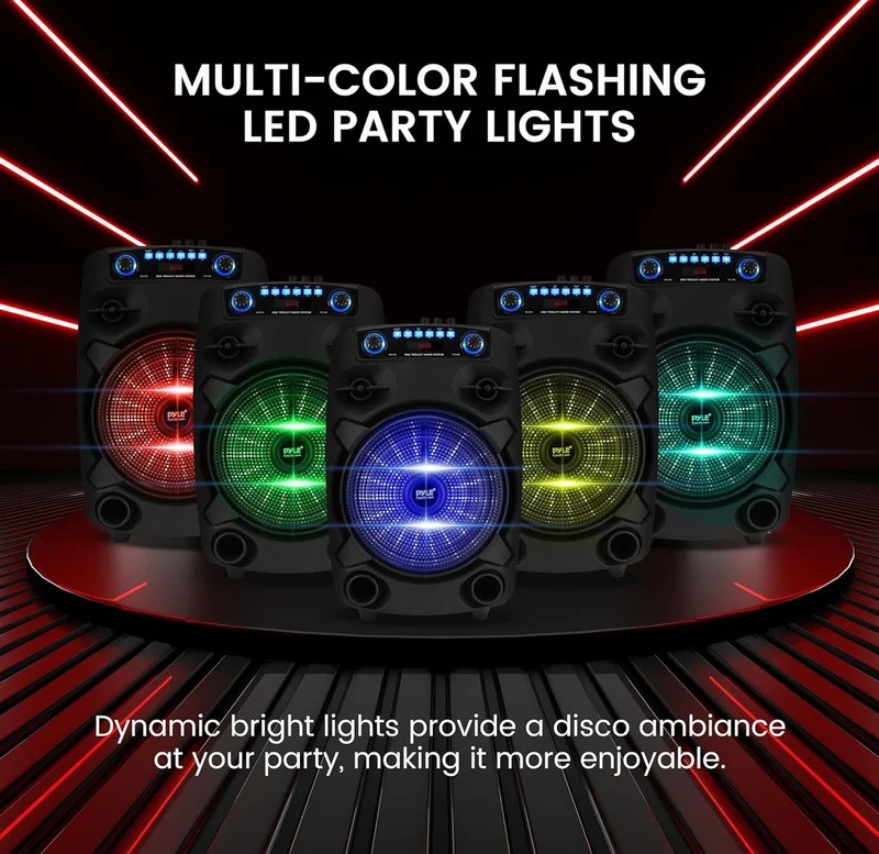 Portable Bluetooth PA Speaker System 800W 12” Outdoor - Party Lights, USB SD Card Reader, FM Radio, Rolling Wheels - Wired microphone, Remote