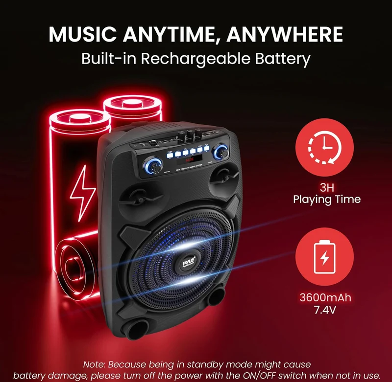 Portable Bluetooth PA Speaker System 800W 12” Outdoor - Party Lights, USB SD Card Reader, FM Radio, Rolling Wheels - Wired microphone, Remote