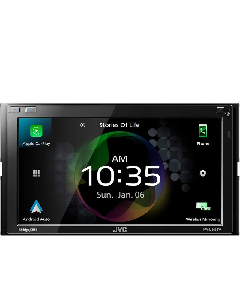 JVC Built in Wi-Fi for Wireless CarPlay Android Auto, 6.8" LCD Touchscreen Display, AM/FM, Bluetooth, MP3 Player, USB Port, Double DIN, 13-Band EQ, SiriusXM Car Radio