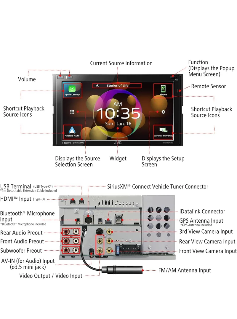 JVC Built in Wi-Fi for Wireless CarPlay Android Auto, 6.8" LCD Touchscreen Display, AM/FM, Bluetooth, MP3 Player, USB Port, Double DIN, 13-Band EQ, SiriusXM Car Radio