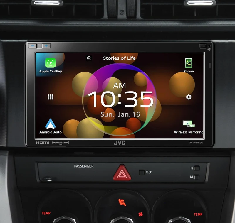 JVC Built in Wi-Fi for Wireless CarPlay Android Auto, 6.8" LCD Touchscreen Display, AM/FM, Bluetooth, MP3 Player, USB Port, Double DIN, 13-Band EQ, SiriusXM Car Radio