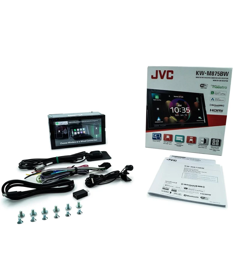 JVC Built in Wi-Fi for Wireless CarPlay Android Auto, 6.8" LCD Touchscreen Display, AM/FM, Bluetooth, MP3 Player, USB Port, Double DIN, 13-Band EQ, SiriusXM Car Radio