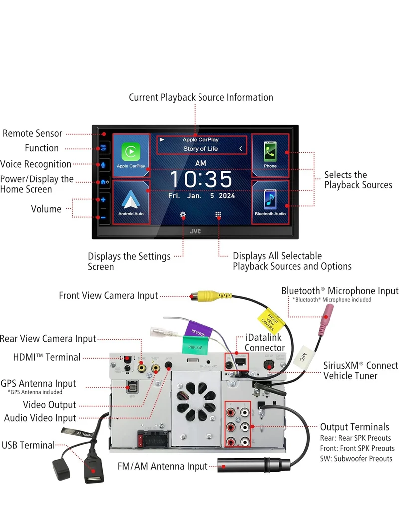 JVC Apple CarPlay Android Auto Digital Media Player, Double Din, 6.8 Inch LCD Touchscreen, AM/FM, HD Radio, Bluetooth, MP3 Player, USB Port, iDatalink Maestro, SiriusXM, Car Radio