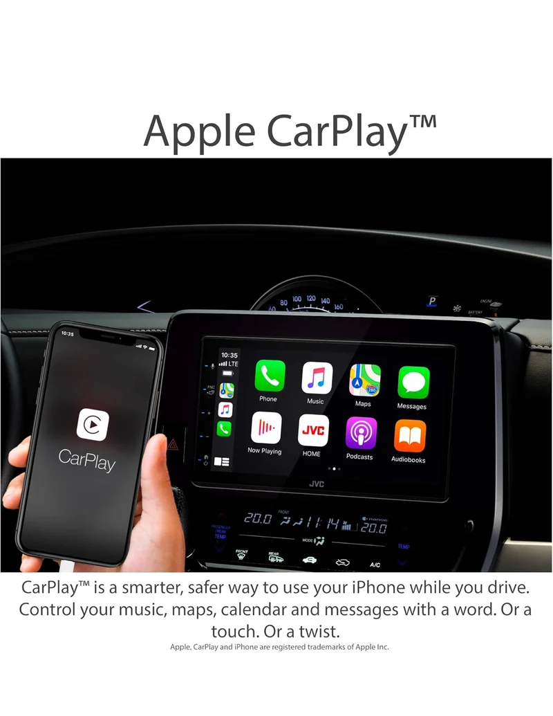JVC Apple CarPlay Android Auto Multimedia Player w/ 6.8" Capacitive Touchscreen, Bluetooth Audio and Hands Free Calling, MP3 Player, Double DIN, 13-Band EQ, SiriusXM, AM/FM Car Radio