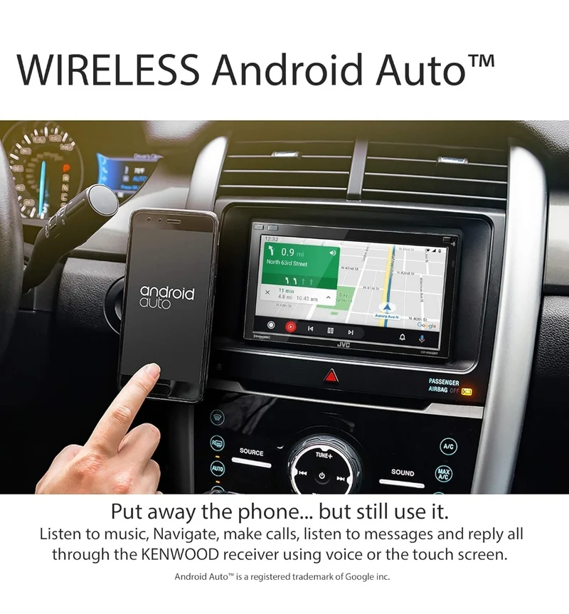 JVC Built in Wi-Fi for Wireless CarPlay Android Auto, 6.8" LCD Touchscreen Display, AM/FM, Bluetooth, MP3 Player, USB Port, Double DIN, 13-Band EQ, SiriusXM Car Radio