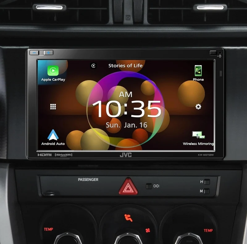 JVC Built in Wi-Fi for Wireless CarPlay Android Auto, 6.8" LCD Touchscreen Display, AM/FM, Bluetooth, MP3 Player, USB Port, Double DIN, 13-Band EQ, SiriusXM Car Radio