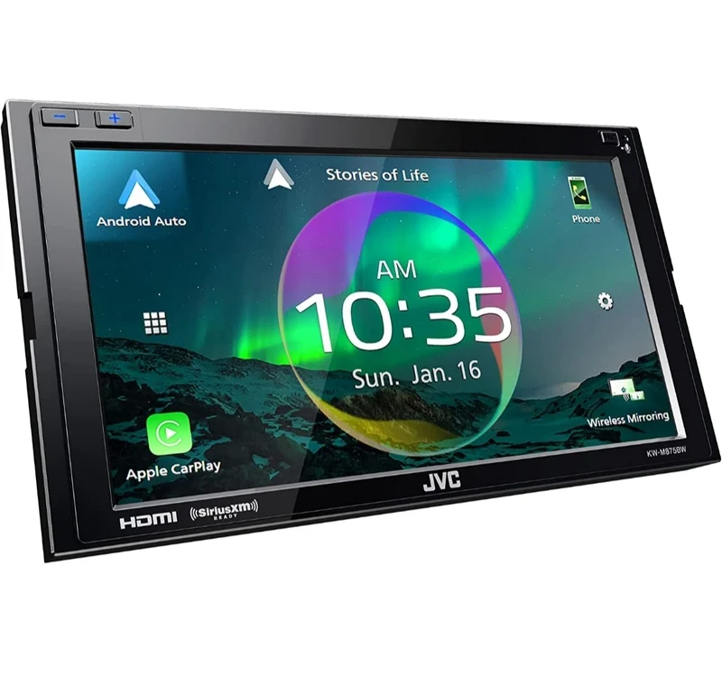 JVC Built in Wi-Fi for Wireless CarPlay Android Auto, 6.8" LCD Touchscreen Display, AM/FM, Bluetooth, MP3 Player, USB Port, Double DIN, 13-Band EQ, SiriusXM Car Radio